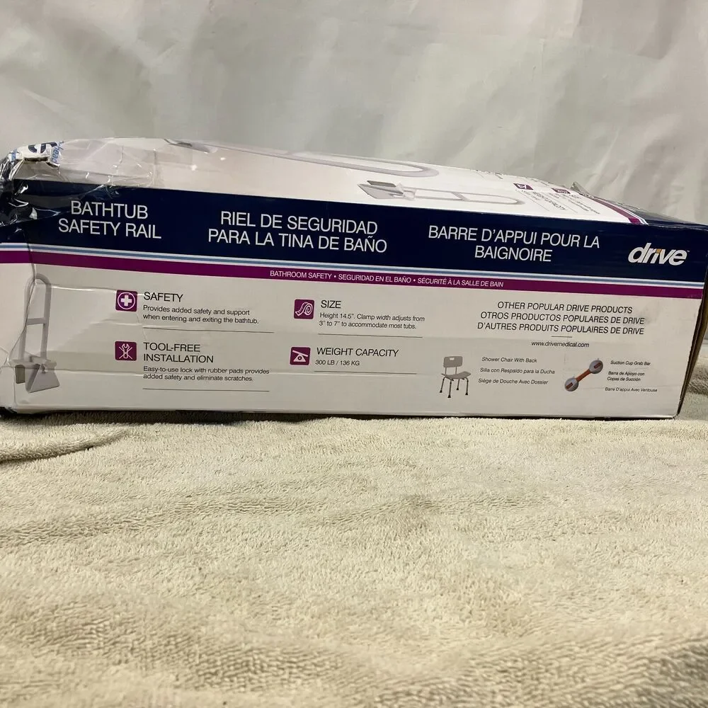 Drive Medical 12036 Adjustable Bathtub Safety Rail White Clamp-on Grab Bar 12